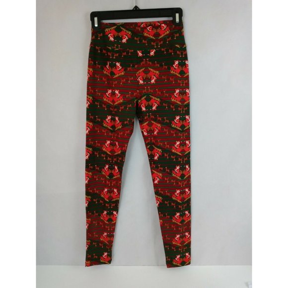 New LuLaRoe One Size Leggings Red & Green With Reindeer Pulling Santa's Sleigh - Picture 1 of 6